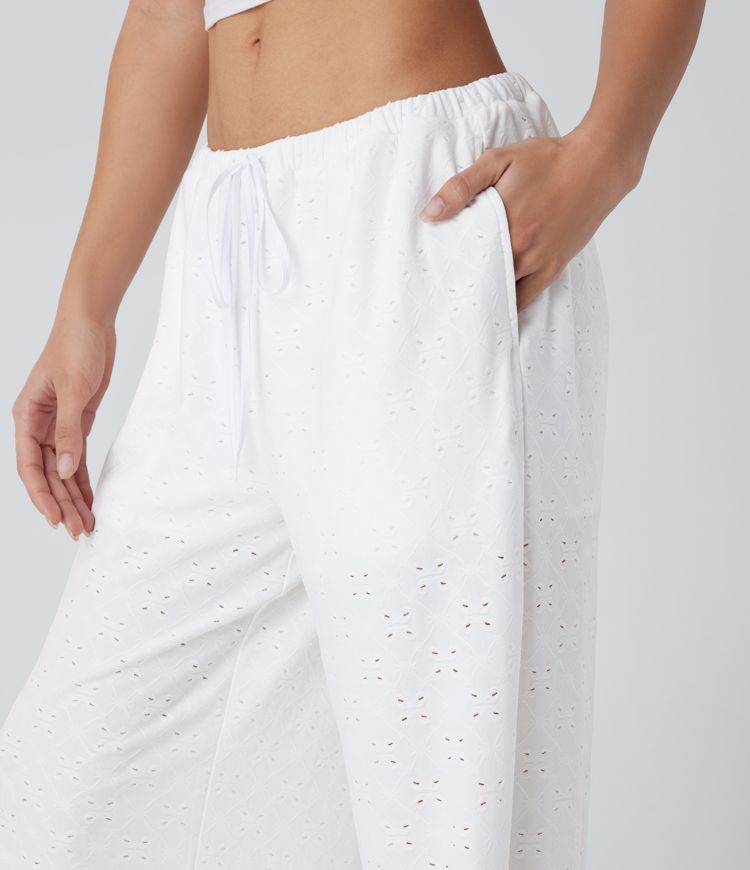 Low Rise Drawstring Pocket 2-in-1 Wide Leg Eyelet Embroidery Casual Pants