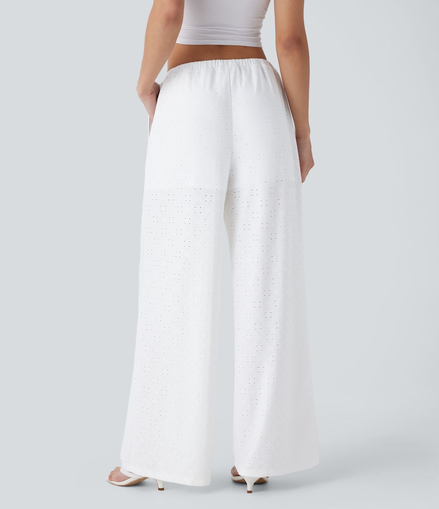 Low Rise Drawstring Pocket 2-in-1 Wide Leg Eyelet Embroidery Casual Pants