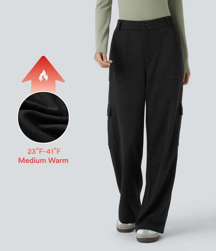 Mid Rise Zipper Pockets Fleece Casual Cargo Pants