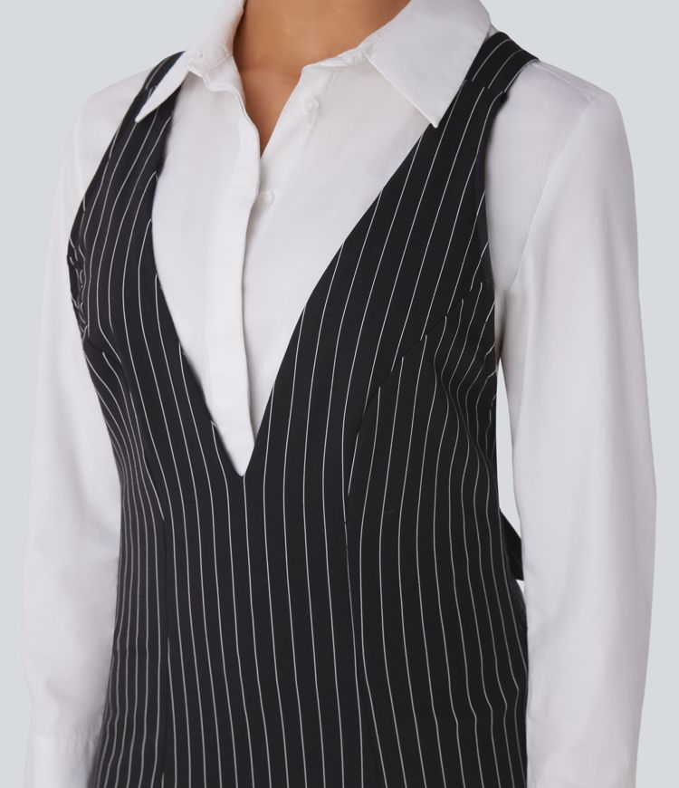 Arbeits-Minikleid mit V-Ausschnitt, verstellbaren Trägern, Knopfleiste und Cool-Touch