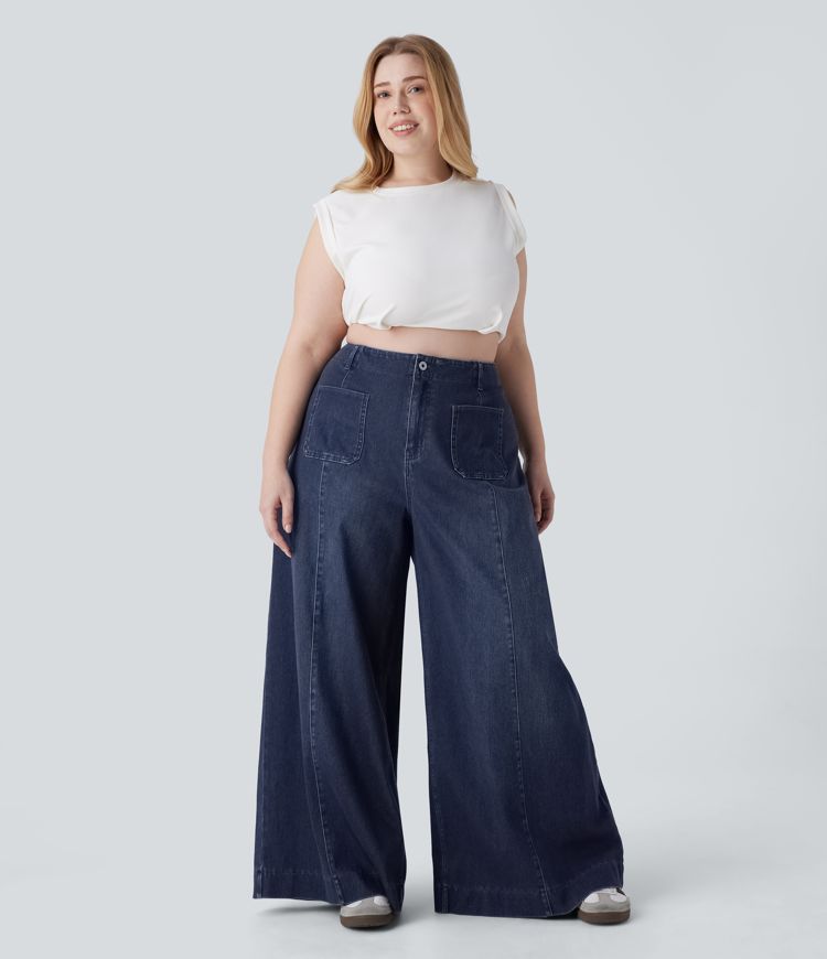 Jeans Halara Flex™ Denim tiro alto elástico lavado de pierna ancha en talla grande