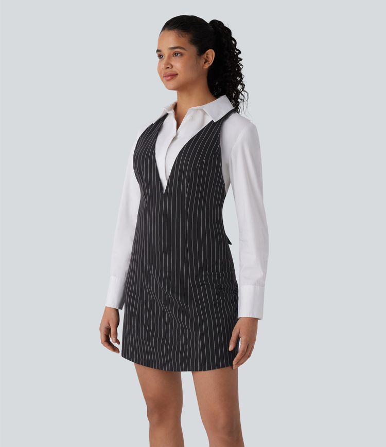 V Neck Adjustable Strap Button Stripe Cool Touch Mini Work Dress