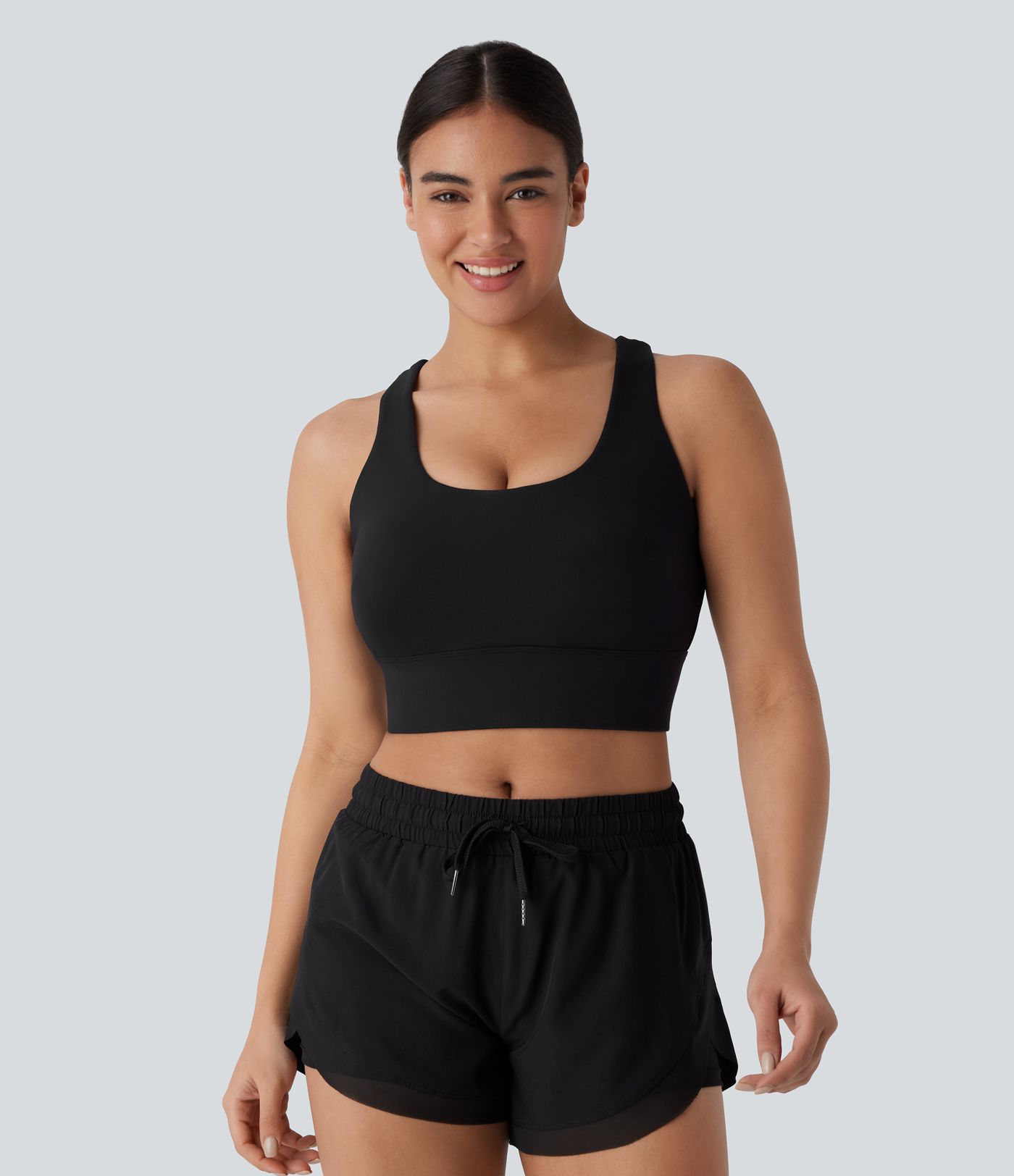 Sujetador deportivo de running con cuello U, soporte medio, gancho ajustable, copas D-F