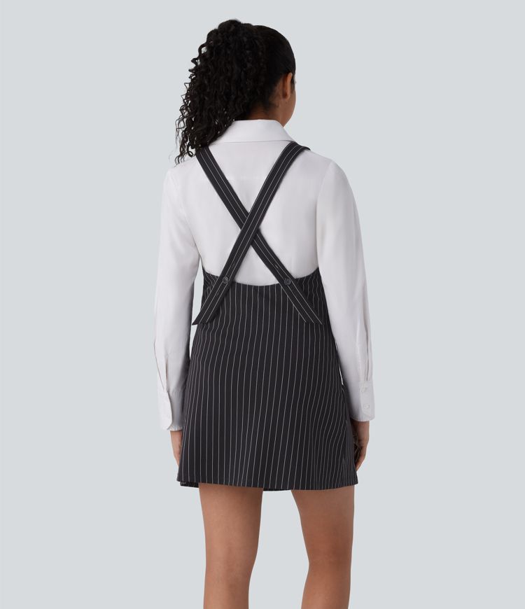 V Neck Adjustable Strap Button Stripe Cool Touch Mini Work Dress