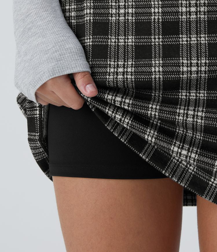 High Waisted 2-in-1 Houndstooth Plaid Mini Work Skirt