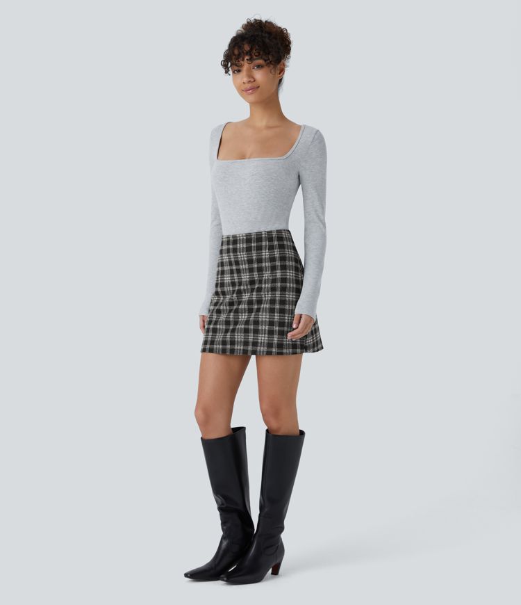 High Waisted 2-in-1 Houndstooth Plaid Mini Work Skirt