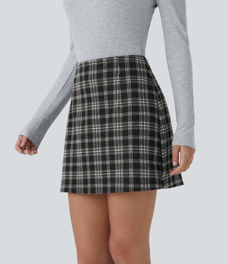 High Waisted 2-in-1 Houndstooth Plaid Mini Work Skirt