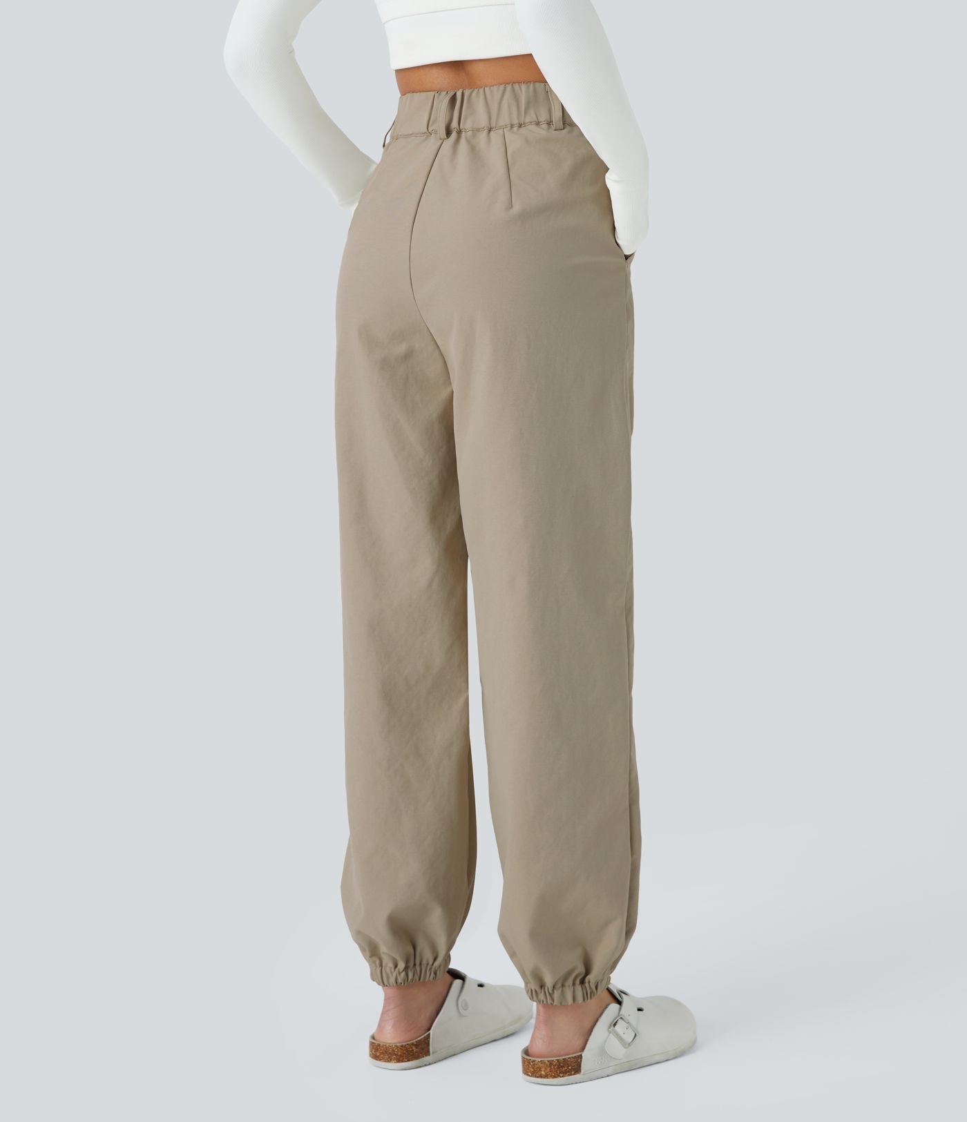 Jogging décontracté en polaire taille haute avec boutons, fermeture éclair, plis et poches latérales