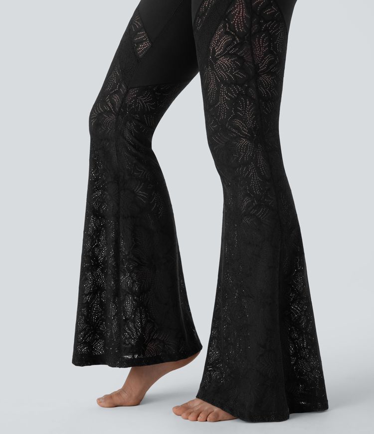 Softlyzero™ High Waisted Crossover Back Pocket Contrast Lace Flare Yoga Leggings