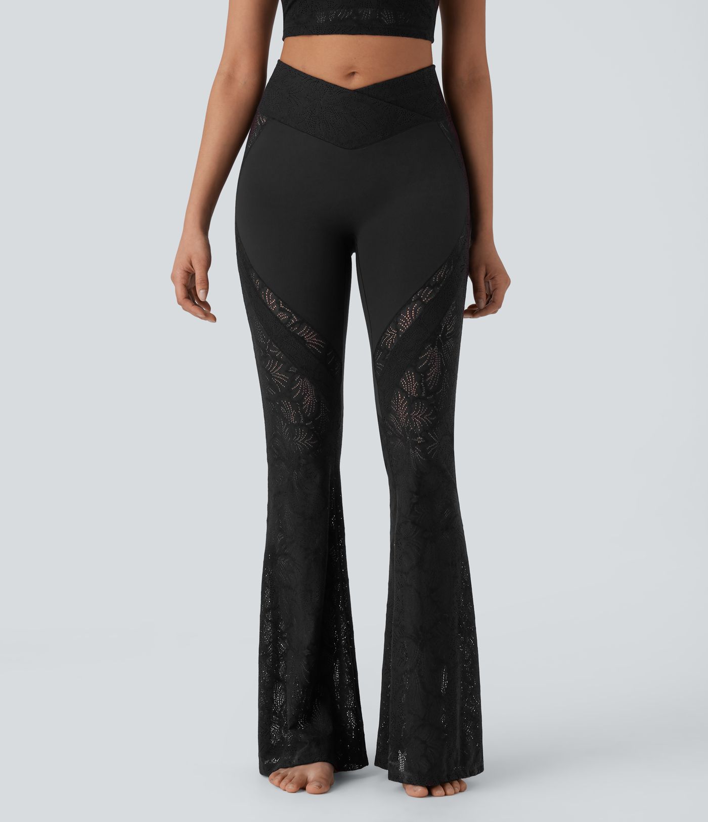 Leggings de Yoga de Talle Alto SoftlyZero™ con Bolsillos de Contraste, Encaje y Diseño Acampanado