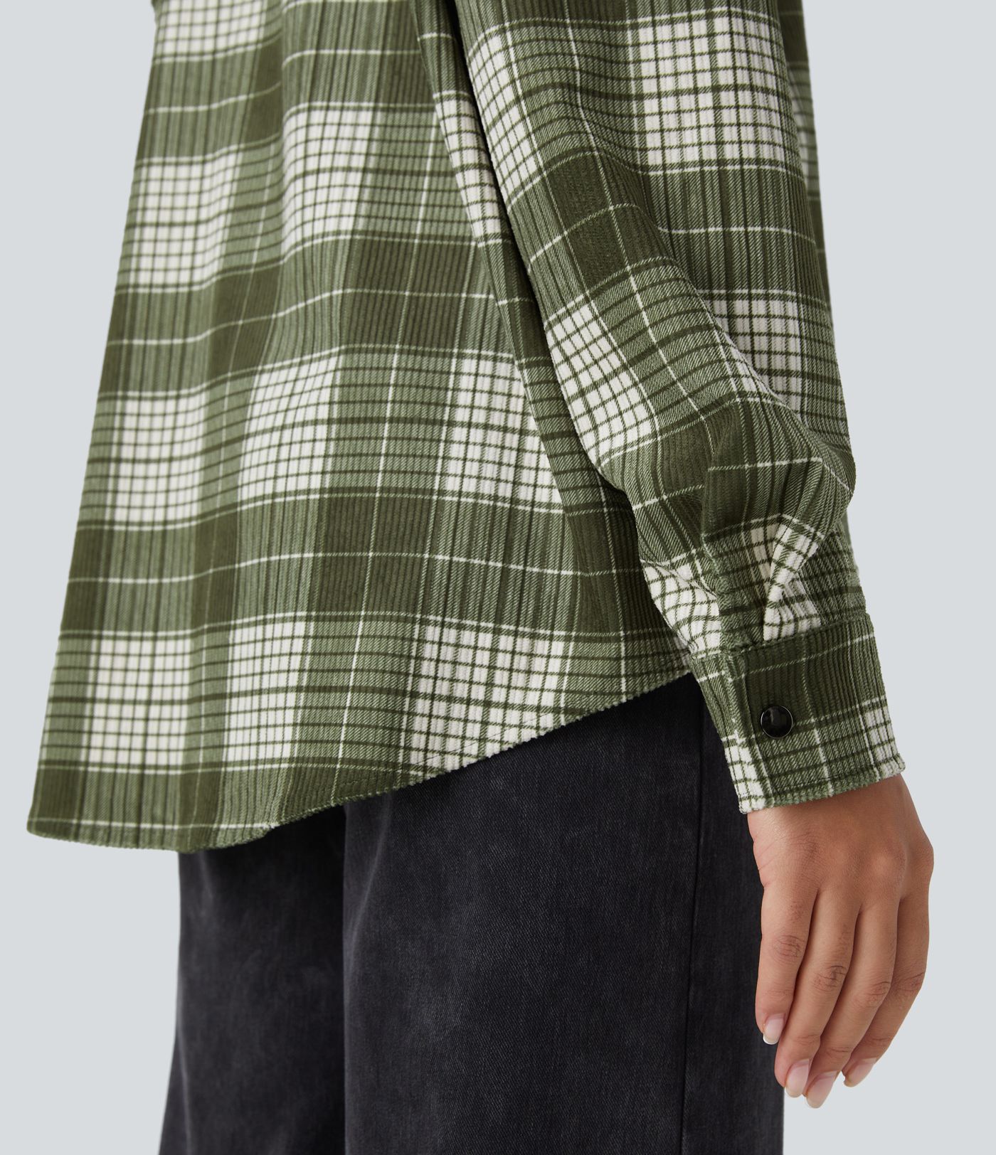 Chaqueta pana cuadro cuello botón manga larga dobladillo curvo