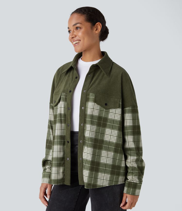 Long Sleeve Curved Hem Plaid Corduroy Casual Shirt Jacket