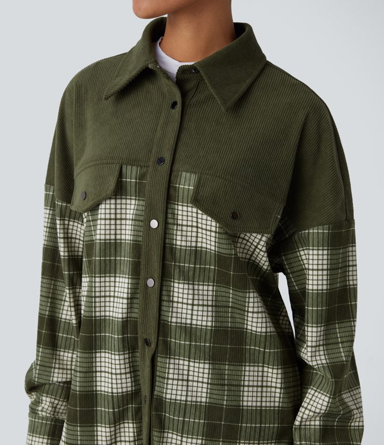 Long Sleeve Curved Hem Plaid Corduroy Casual Shirt Jacket