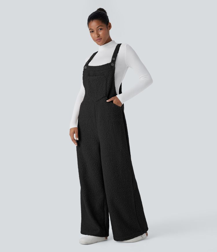 Adjustable Strap Button Multiple Pockets Casual Teddy Overalls