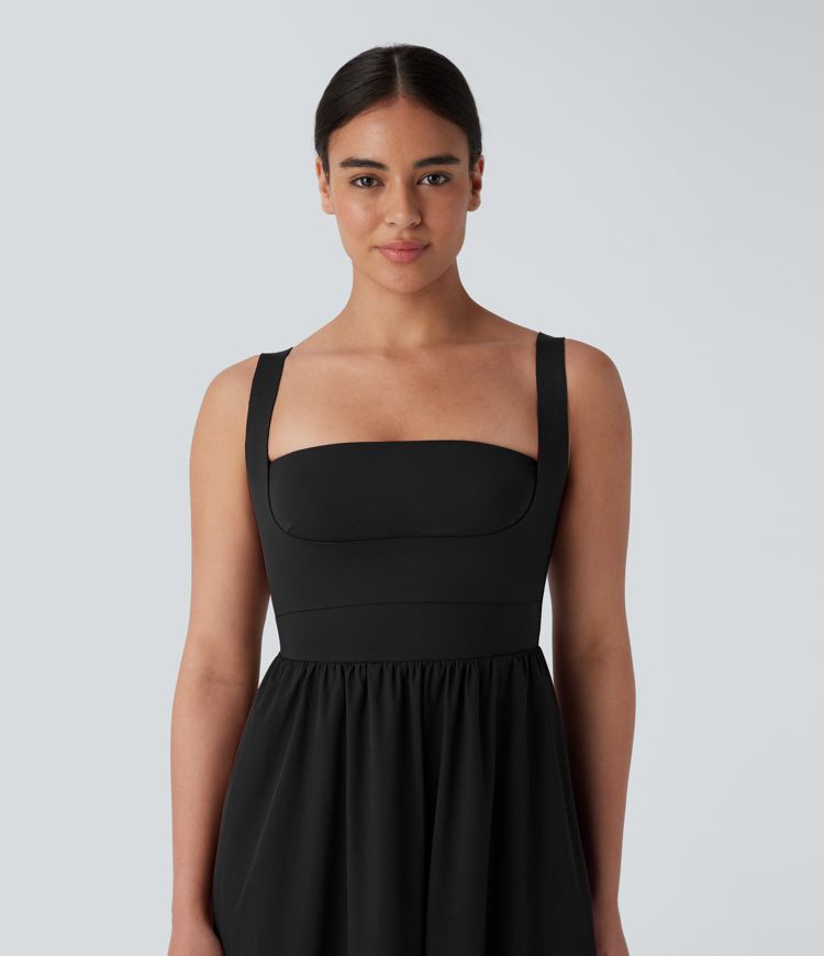 Breezeful™ - Fließendes Freizeit-Maxikleid mit quadratischen Ausschnitt, Seitentaschen und geformten Cups - Push Up