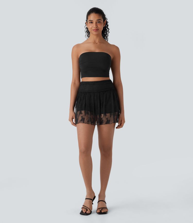 Mid High Waisted 2-in-1 Pocket Lace Mini Skirt