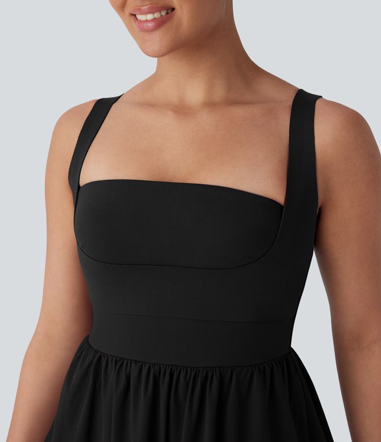 Breezeful™ - Fließendes Freizeit-Maxikleid mit quadratischen Ausschnitt, Seitentaschen und geformten Cups - Push Up