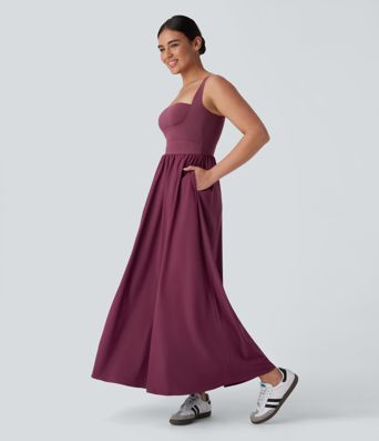 Breezeful™ Molded Cups Push Up Square Neck Pocket Flowy Maxi Quick Dry Casual Dress