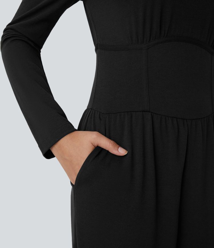 Boat Neck Keyhole Back Long Sleeve Corset Pocket Casual Jumpsuit