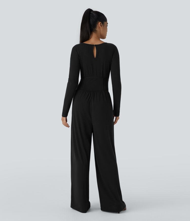 Boat Neck Keyhole Back Long Sleeve Corset Pocket Casual Jumpsuit