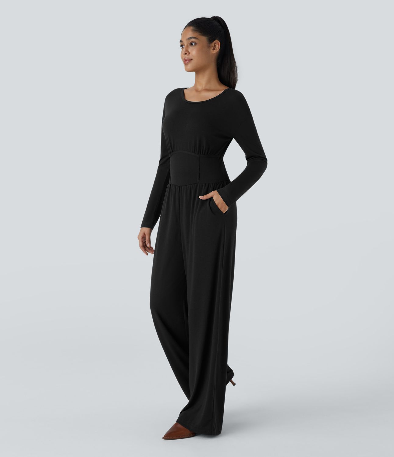 Mono cuello barco abertura espalda manga larga corsé bolsillo lateral