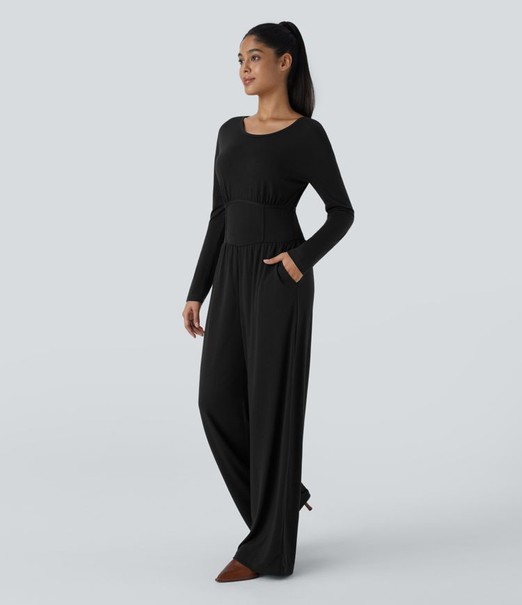 Boat Neck Keyhole Back Long Sleeve Corset Pocket Casual Jumpsuit