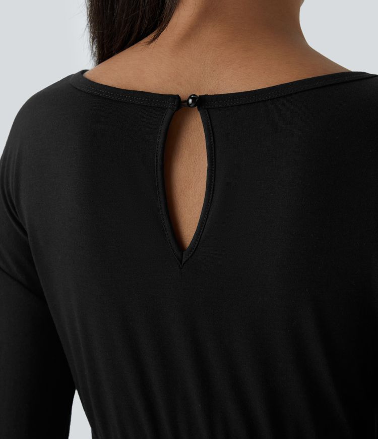 Boat Neck Keyhole Back Long Sleeve Corset Pocket Casual Jumpsuit