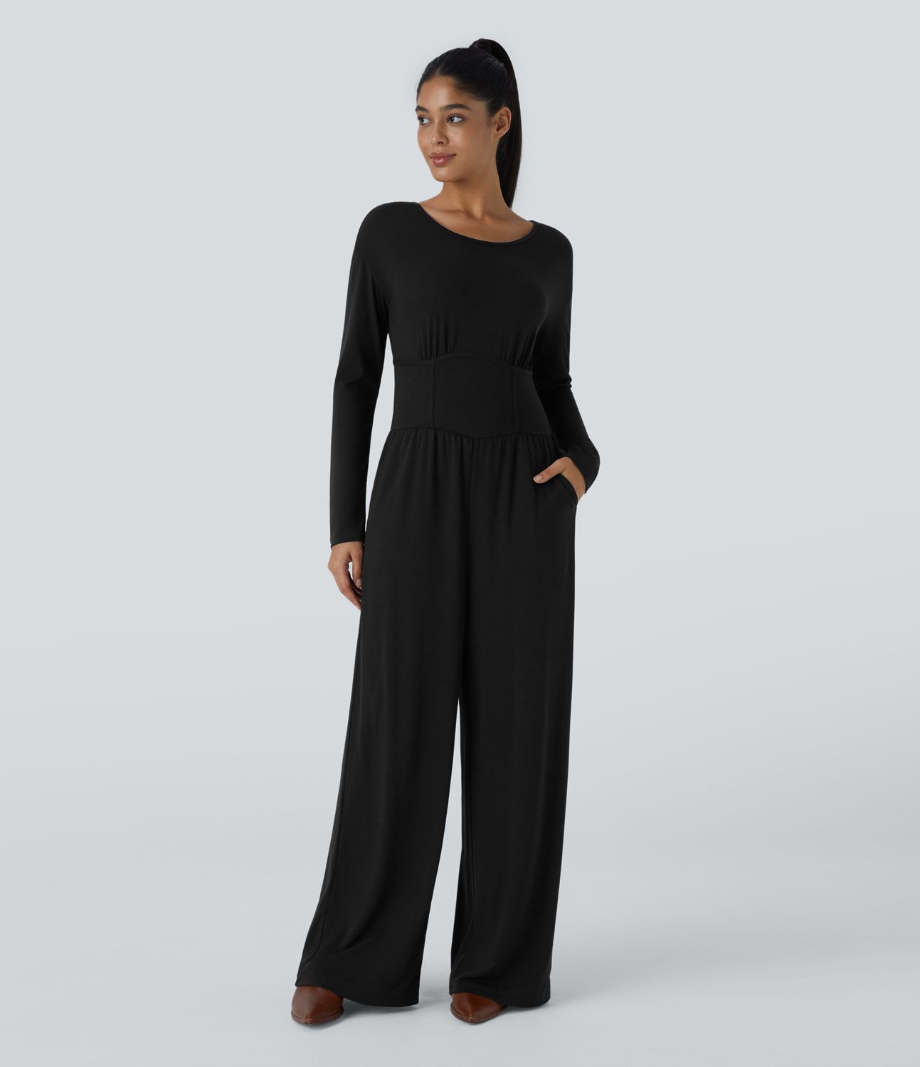 Mono cuello barco abertura espalda manga larga corsé bolsillo lateral