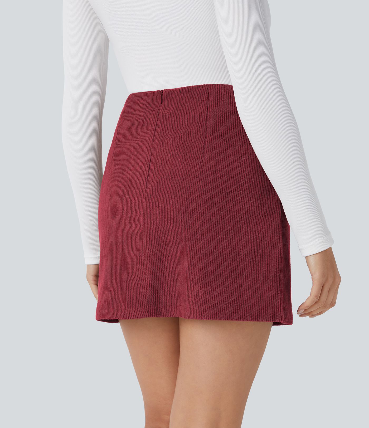 High Waisted Invisible Zipper 2-in-1 A Line Mini Corduroy Casual Skirt-Longer Length