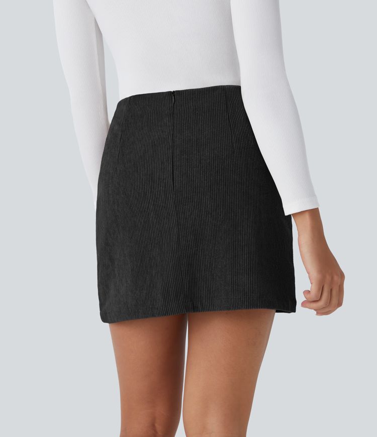 High Waisted Invisible Zipper 2-in-1 A Line Mini Corduroy Casual Skirt-Longer Length