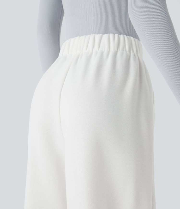 Pantalon Casual Thermique Taille Haut Jambes Larges Poche Latérale Plissée en Fleece 