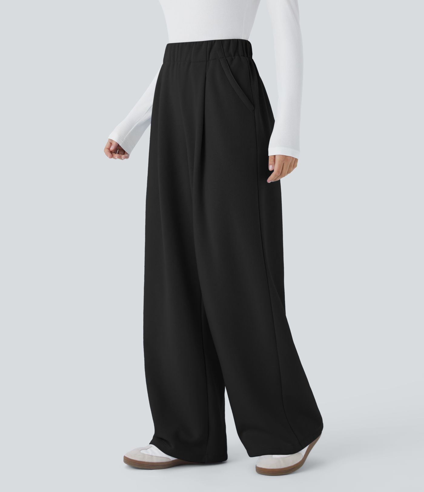 Pantalón polar tiro alto bolsillo lateral pierna ancha