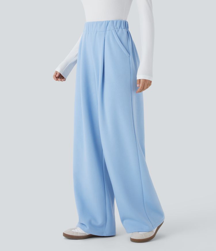 High Waisted Plicated Side Pocket Wide Leg Fleece Casual Cotton Pants