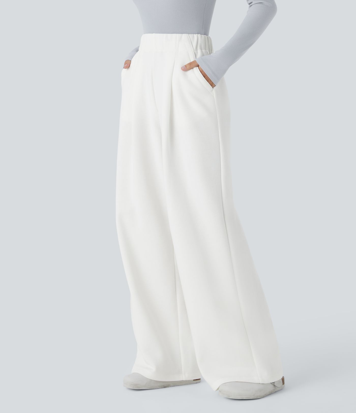 High Waisted Side Pocket Wide Leg Fleece Casual Pants