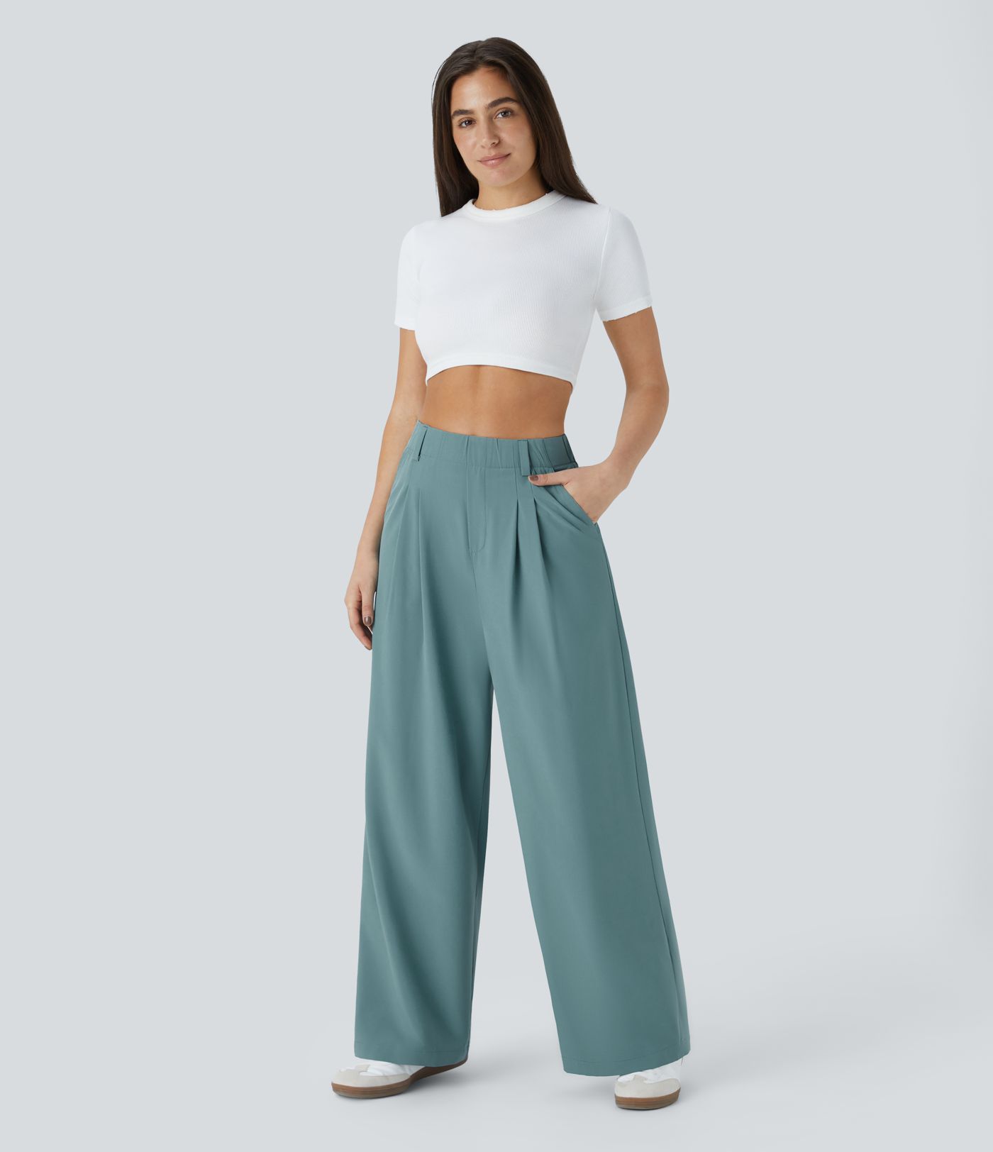Breezeful™ Pantalones Palazzo casuales de pierna ancha con bolsillos de cintura alta, sólidos, de secado rápido