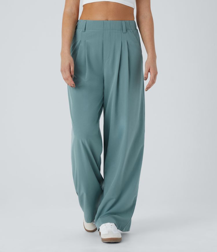 Breezeful™ High Waisted Plicated Side Pocket Wide Leg Flowy Solid Palazzo Quick Dry Casual Pants