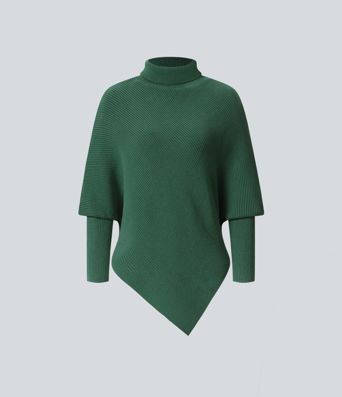 High Neck Long Sleeve Asymmetric Hem Women Work Knit Sweater