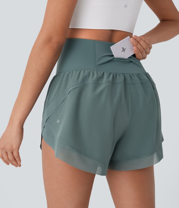 High Waisted Pocket 2-in-1 Contrast Mesh Curved Hem Running Shorts 3''
