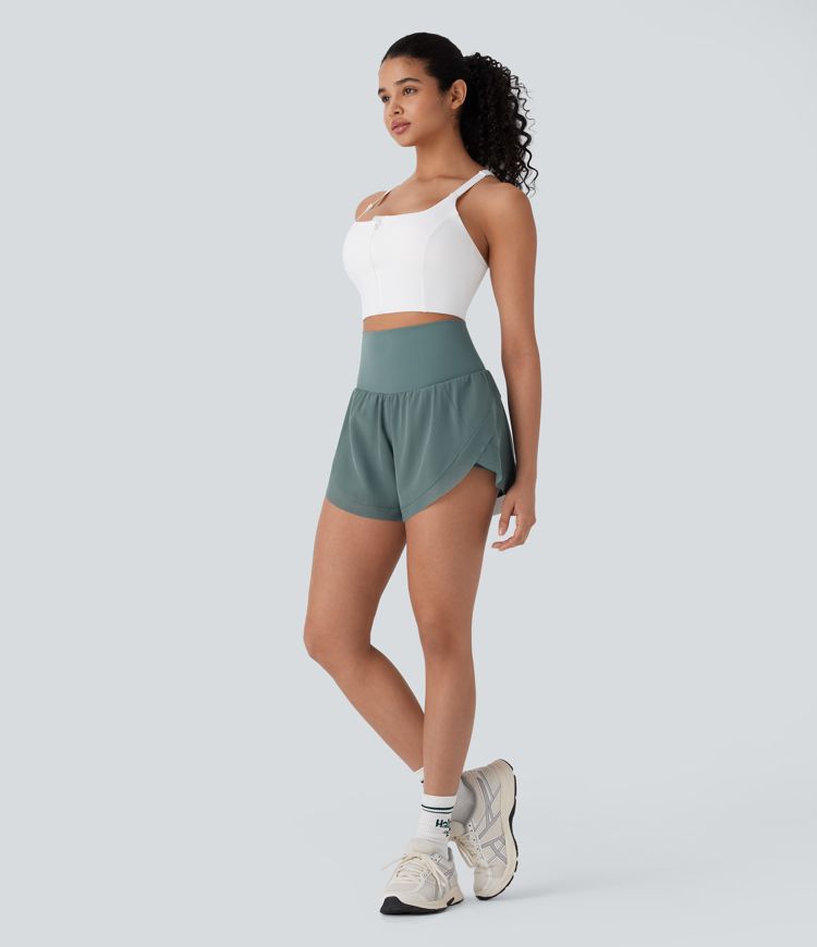 High Waisted Back Pocket 2-in-1 Contrast Mesh Curved Hem Running Shorts 3''