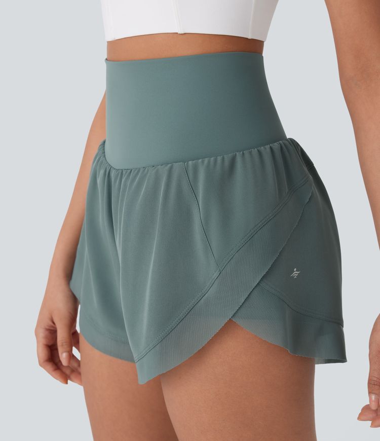 High Waisted Pocket 2-in-1 Contrast Mesh Curved Hem Running Shorts 3''