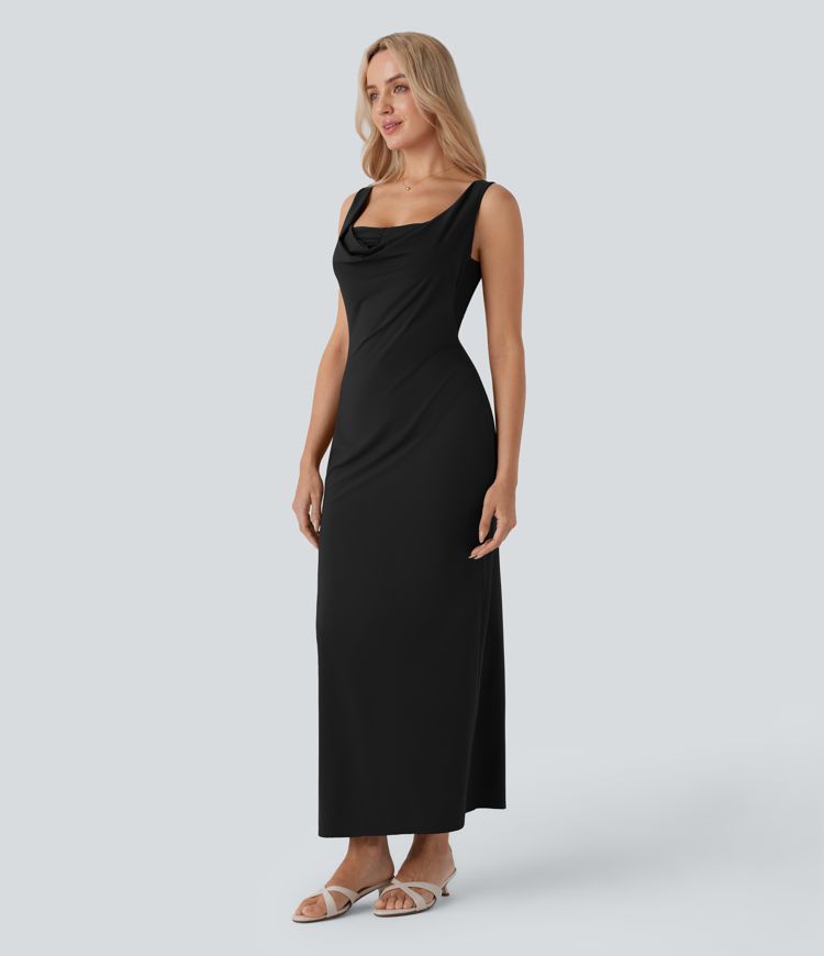 Long, fitted, sleeveless party dress with a gathered turn-neck and turtleneck.