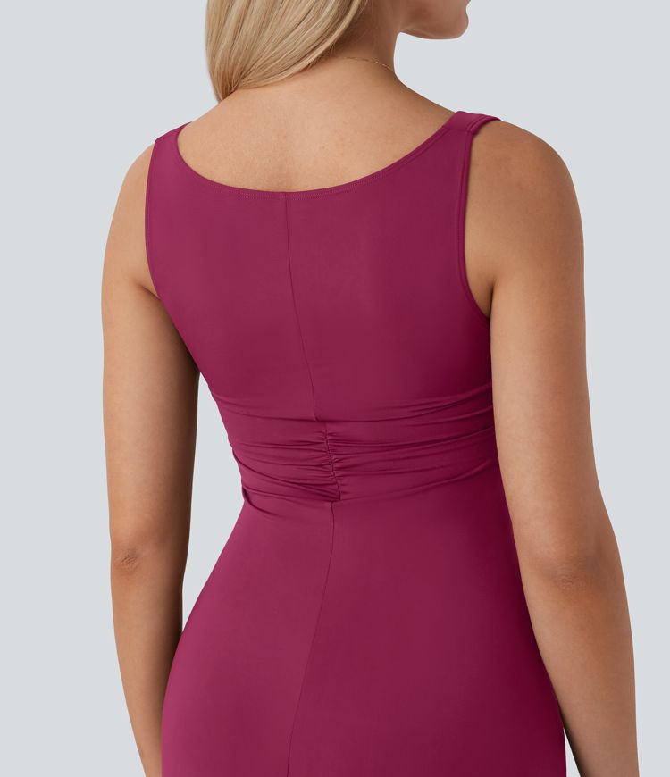 Vestido fiesta largo ajustado cuello vuelto fruncido sin mangas