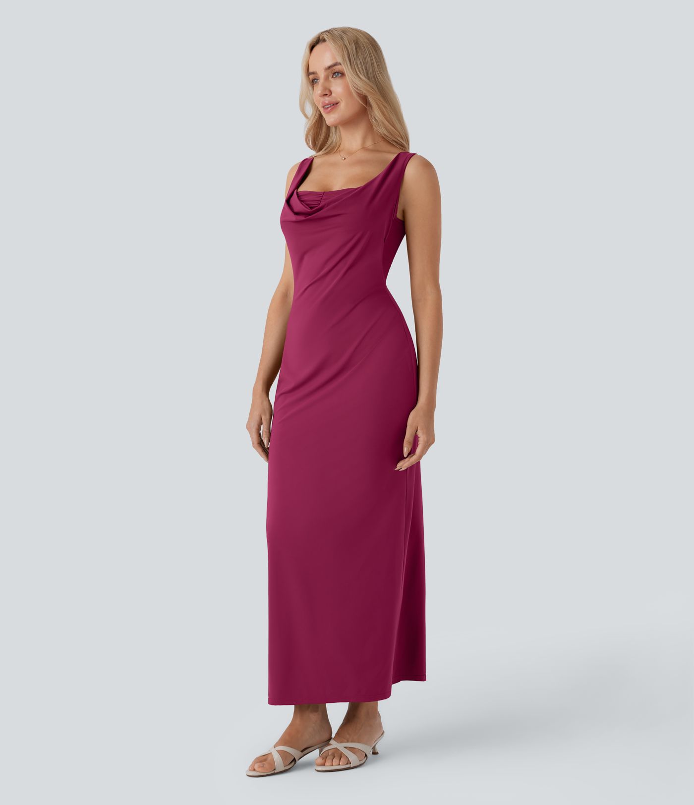 Cowl Neck Sleeveless Ruched Slim Maxi Party Dress