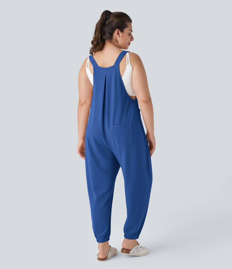 Adjustable Strap Button Multiple Pockets Plicated Waffle Casual Plus Size Jogger Overalls