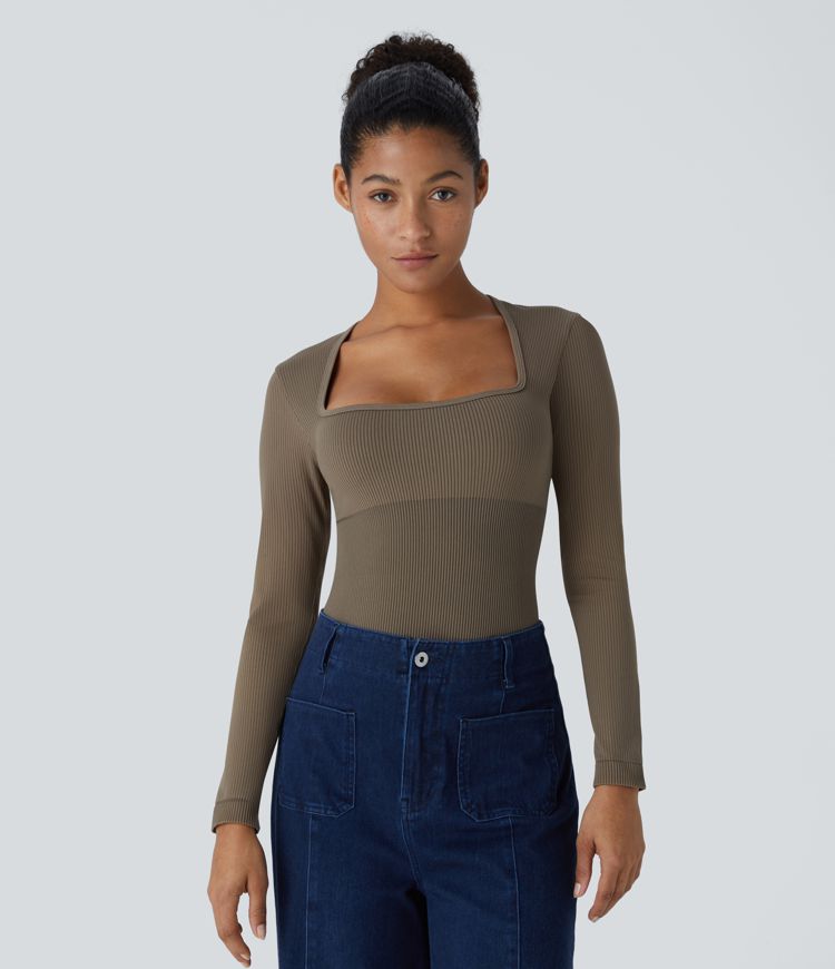 Seamless Flow Square Neck Long Sleeve Casual Smooth Bodysuit