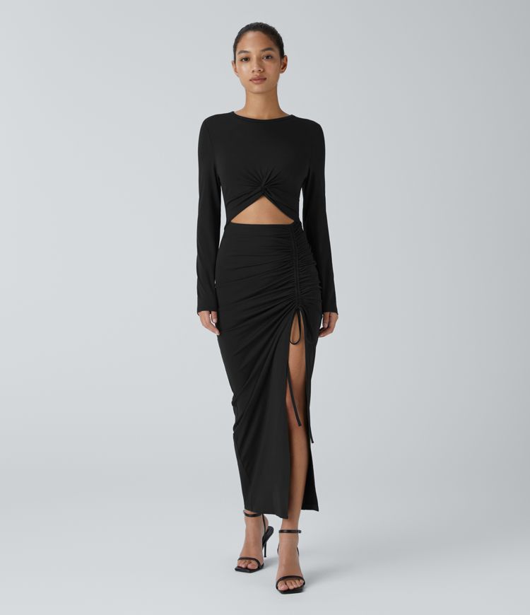 Round Neck Long Sleeve Cut Out Ruched Drawstring Hem Bodycon Maxi Casual Dress