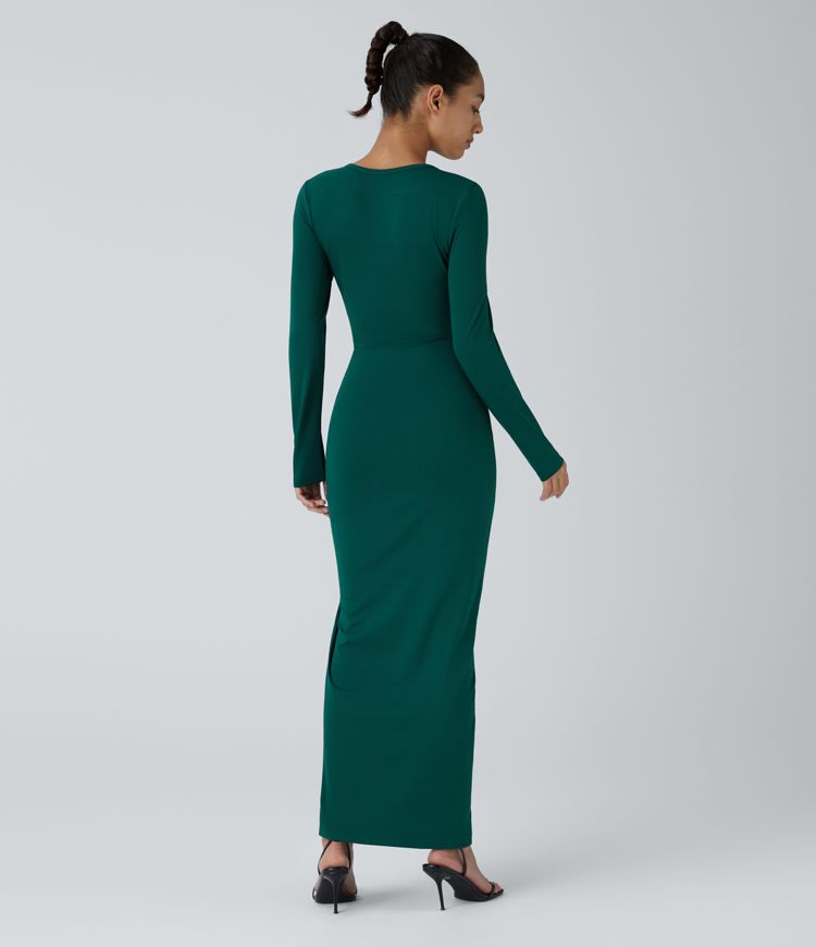 Round Neck Long Sleeve Cut Out Ruched Drawstring Hem Bodycon Maxi Casual Dress