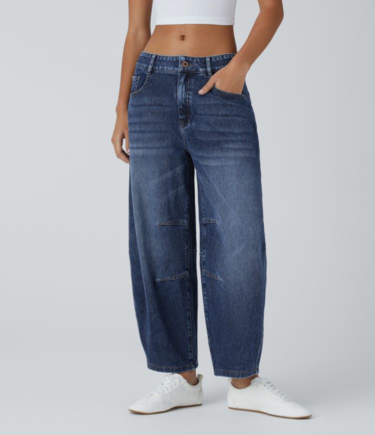 Halara Flex™ low waist button zipper multiple pocket barrel leg stretch knit casual jeans