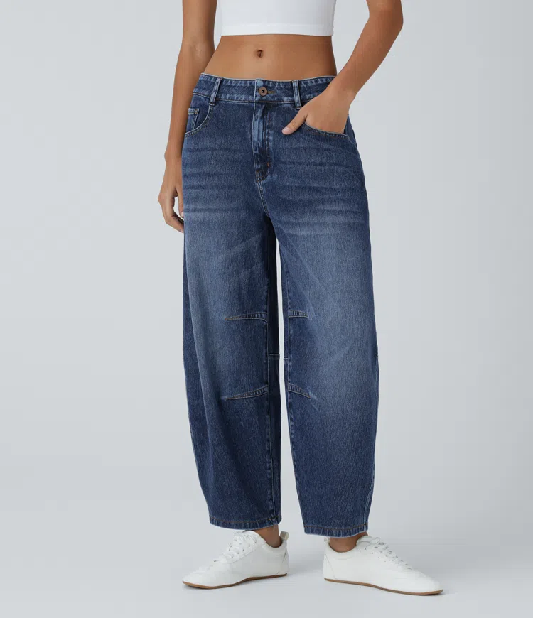Halara Flex™ Low-Waist Button Zipper Multiple Pocket Barrel Leg Stretch Knit Casual Jeans