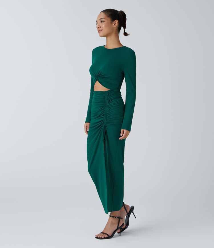 Round Neck Long Sleeve Cut Out Ruched Drawstring Hem Bodycon Maxi Casual Dress
